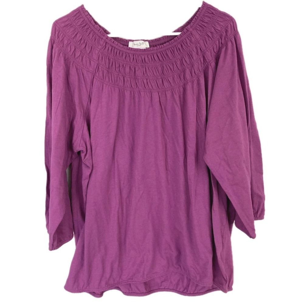 Kate Hill Shirt Women 3X Purple Smocked Boat Neck 3/4 Sleeve Tunic Top NWT